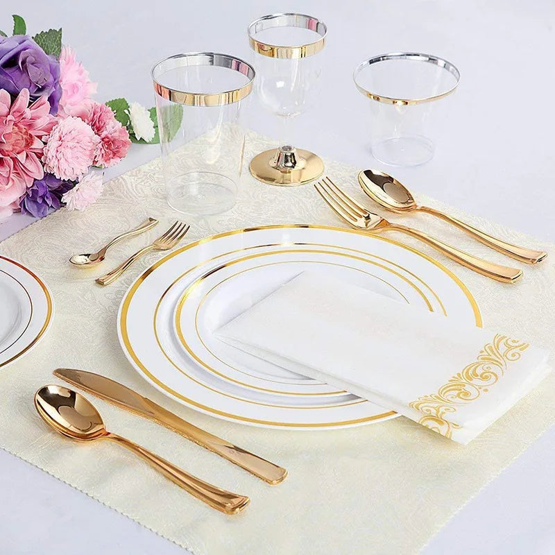 75 Piece Gold Disposable Cutlery Set - Disposable Plastic Rose gold Flatware - Includes 25 Forks, 25 Spoons, 25 Knives