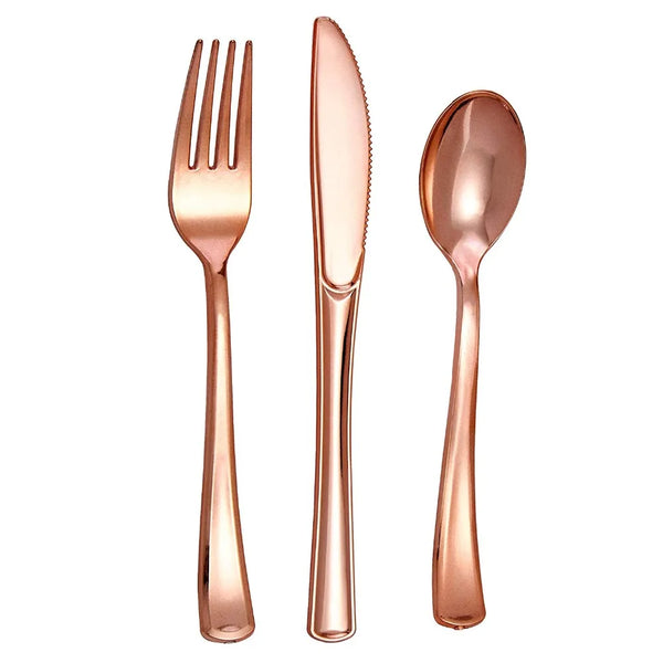 75pcs Rose Gold Plastic Silverware- Disposable Flatware Set-Heavyweight Plastic Cutlery- Includes 25 Forks, 25 Spoons, 25 Knives