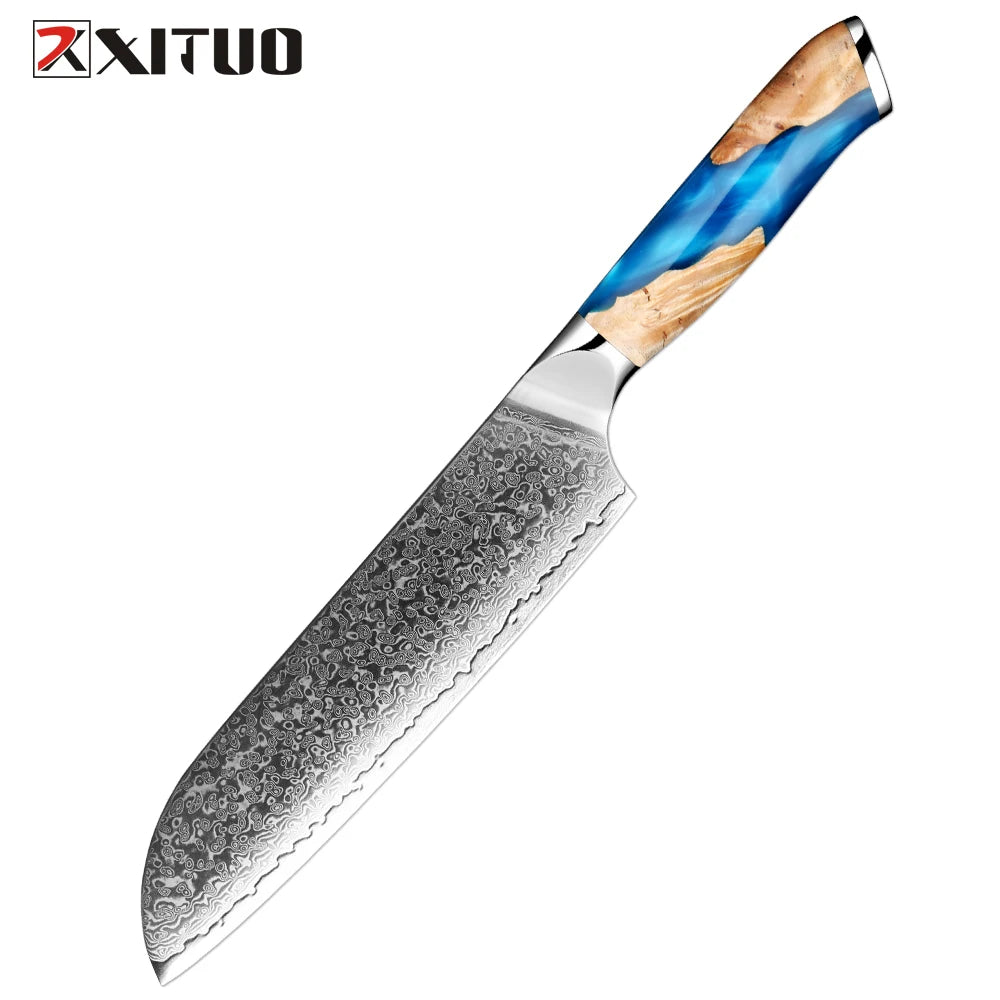 XITUO Damascus Kitchen Knife Set HighQuality 1-7PC Japanese VG10 Steel Chef Knife Cleaver Santoku Boning Fruit Knife Blue Resin