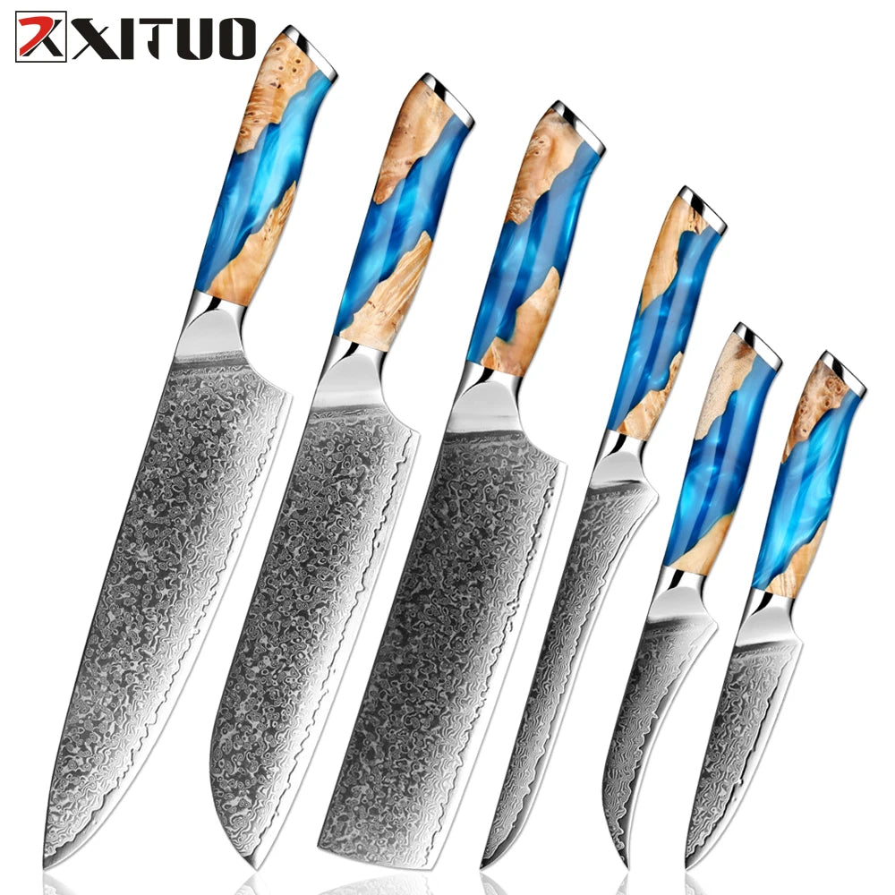 XITUO Damascus Kitchen Knife Set HighQuality 1-7PC Japanese VG10 Steel Chef Knife Cleaver Santoku Boning Fruit Knife Blue Resin