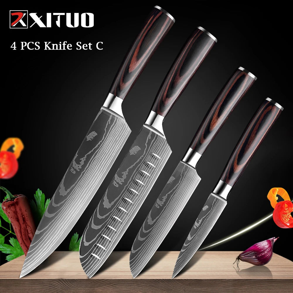 WOknives™ 1-10 Pcs Laser Damascus Kitchen Knife Set – Ultra-Sharp Japanese Chef, Santoku & Cleaver Set