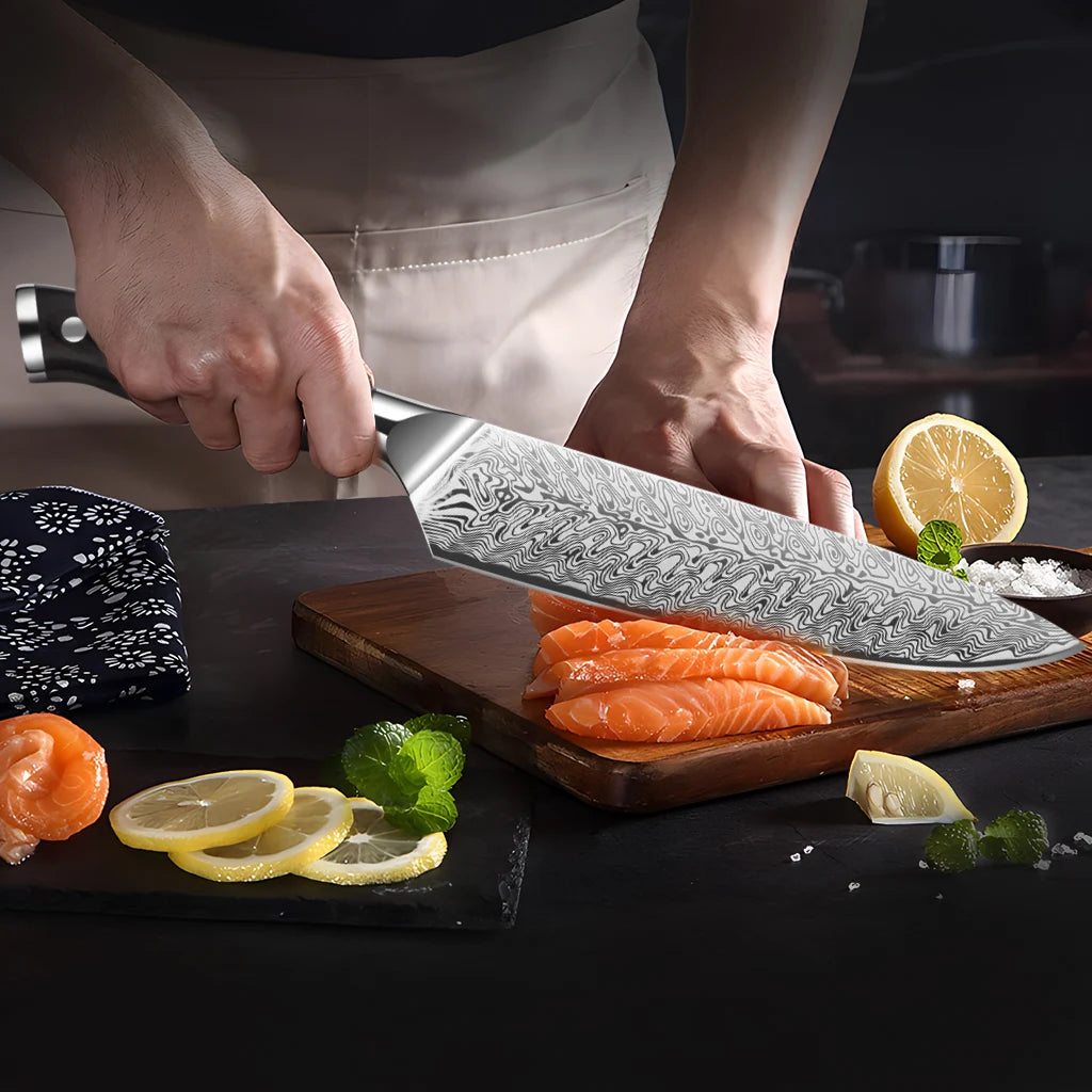 WOKNIVES™ Premium 8-Inch Textured Damascus Stainless Steel Chef Knife – High-Quality Japanese Slicing Symmetrical Blade