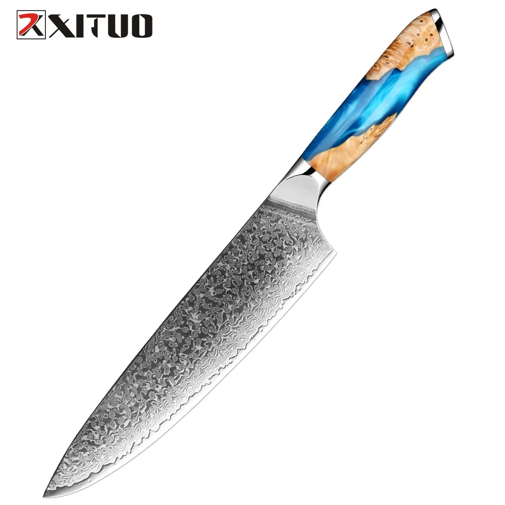 XITUO Damascus Kitchen Knife Set HighQuality 1-7PC Japanese VG10 Steel Chef Knife Cleaver Santoku Boning Fruit Knife Blue Resin