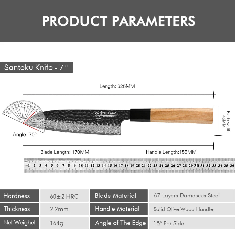 TURWHO 7" Japanese Santoku Knife Damascus Steel Hand Forged Cleaver Kitchen Chef Knife Handmade Cooking Tools Olive Wood Handle