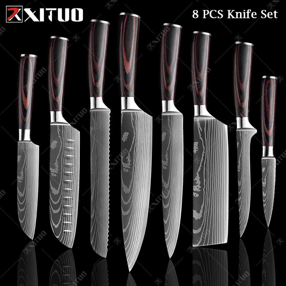 WOknives™ 1-10 Pcs Laser Damascus Kitchen Knife Set – Ultra-Sharp Japanese Chef, Santoku & Cleaver Set