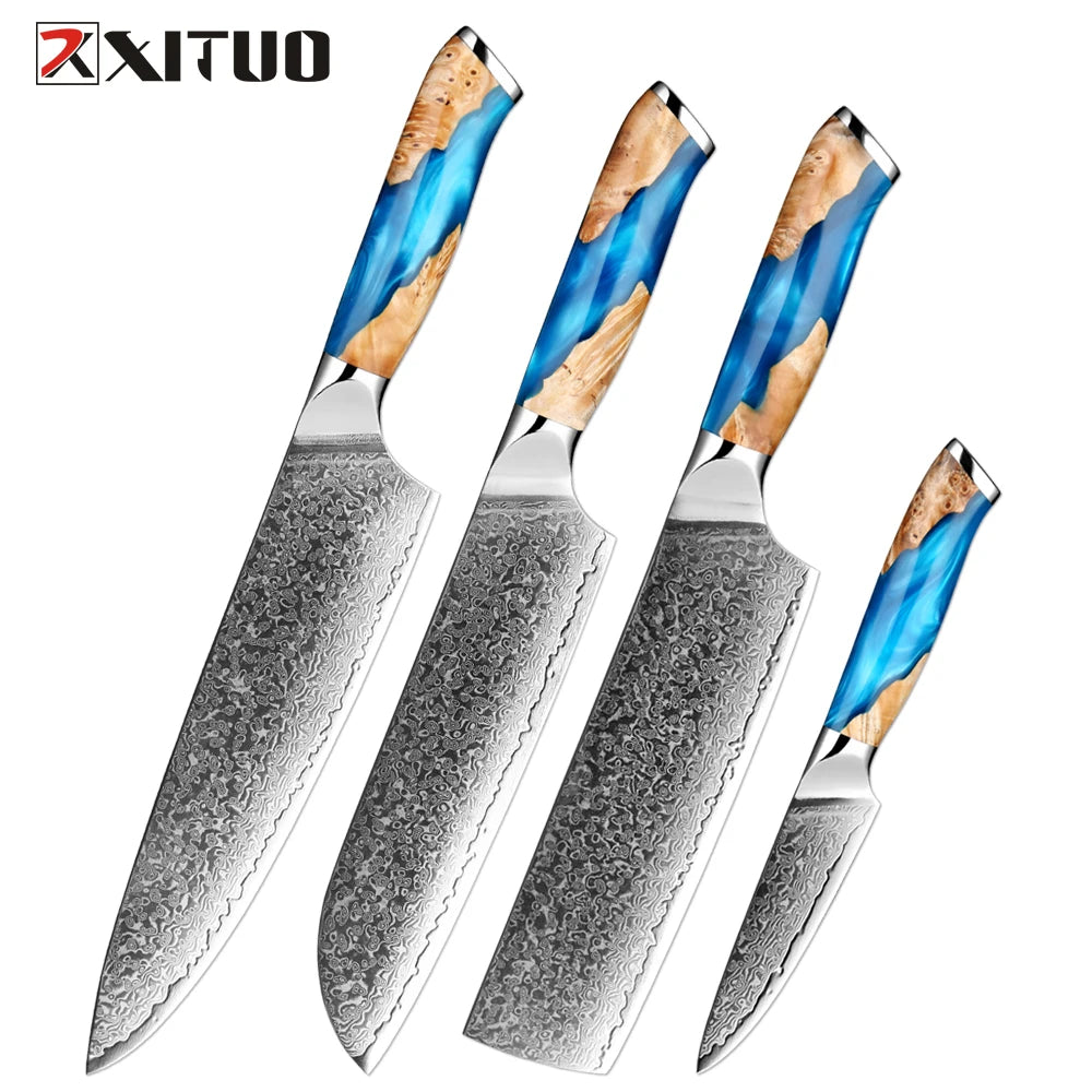 XITUO Damascus Kitchen Knife Set HighQuality 1-7PC Japanese VG10 Steel Chef Knife Cleaver Santoku Boning Fruit Knife Blue Resin