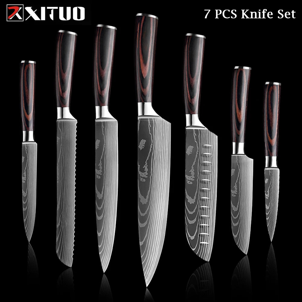 WOknives™ 1-10 Pcs Laser Damascus Kitchen Knife Set – Ultra-Sharp Japanese Chef, Santoku & Cleaver Set