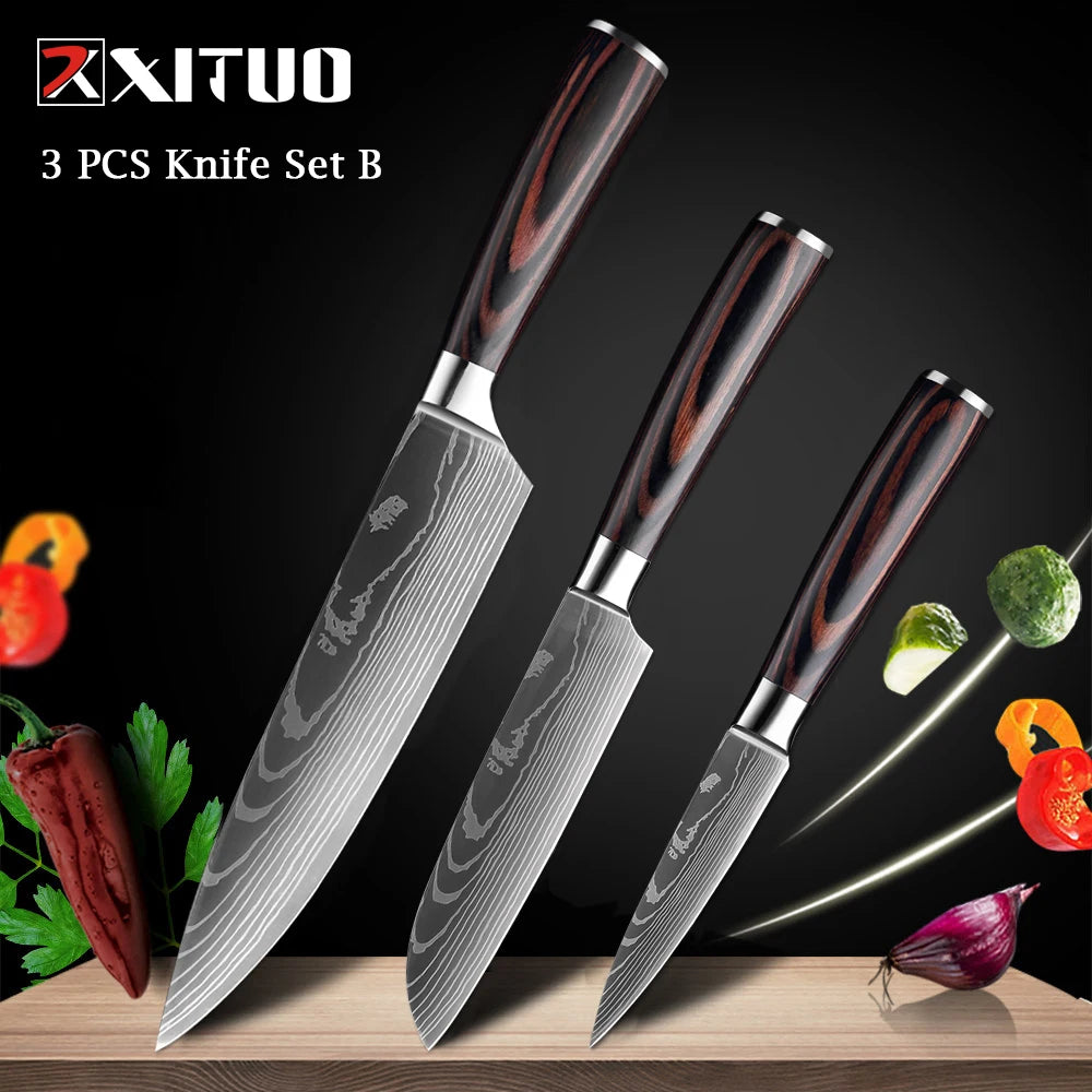 WOknives™ 1-10 Pcs Laser Damascus Kitchen Knife Set – Ultra-Sharp Japanese Chef, Santoku & Cleaver Set