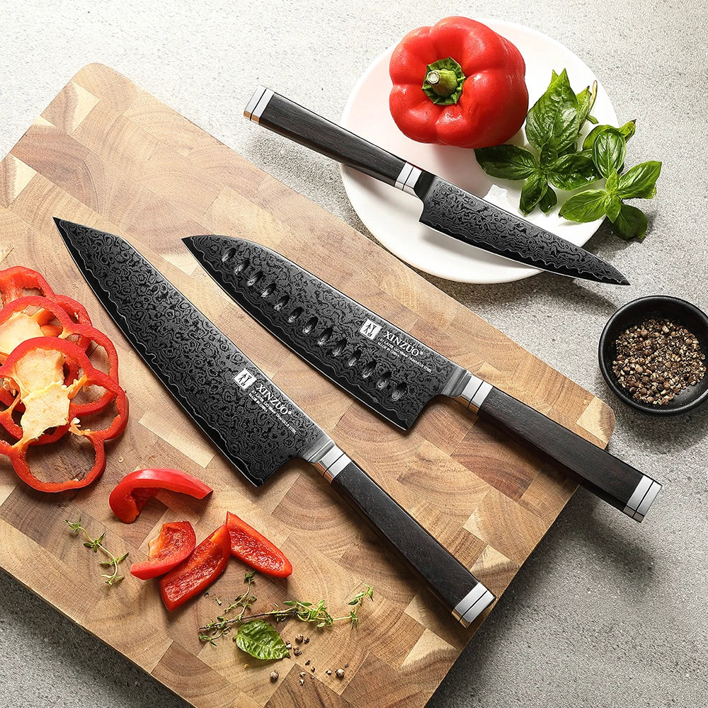WOKNIVES™ Premium 3-Piece Damascus Steel Knife Set – 12Cr18MoV Core Utility, Santoku & Bunka Kitchen Knife Collection