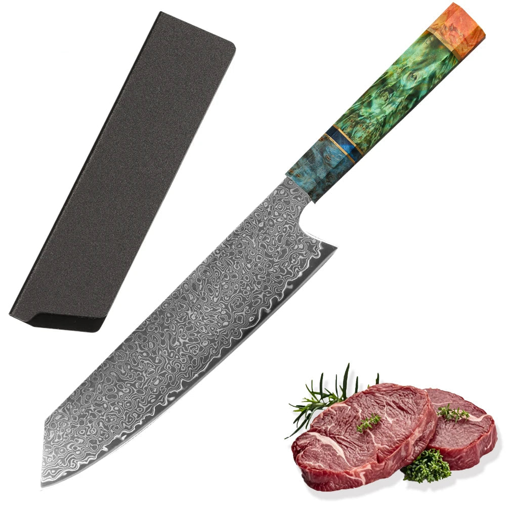 WOKNIVES™ Premium 8-Inch Damascus Chef Knife – 67-Layer VG10 Core with Unique Stabilized Colored Wood Handle