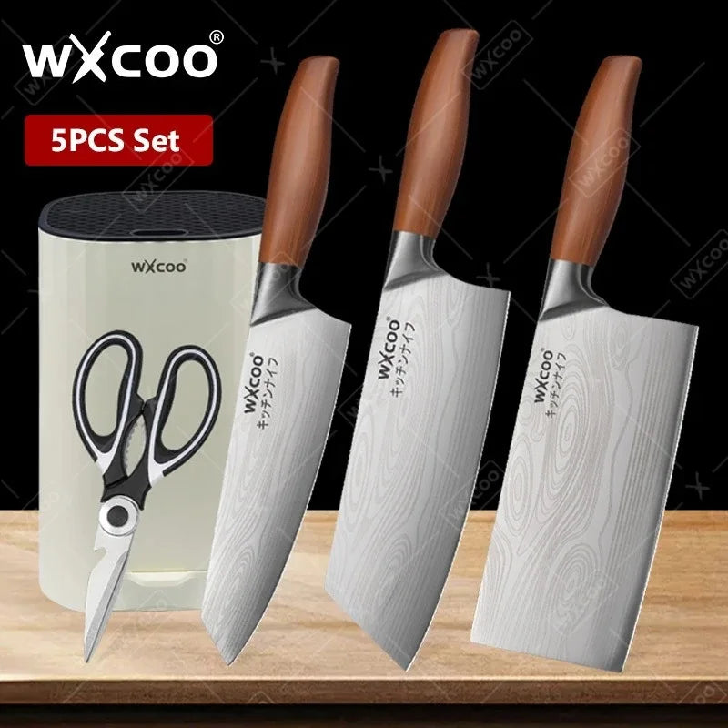 Woknives™ Stainless Steel Chef Knife Set with Laser Damascus Pattern & Knife Holder