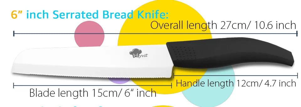 Ceramic Knife 3 4 5 inch + 6 inch Kitchen Knives Serrated Bread White Blade Fruit Chef Knife Vege Cook Tool