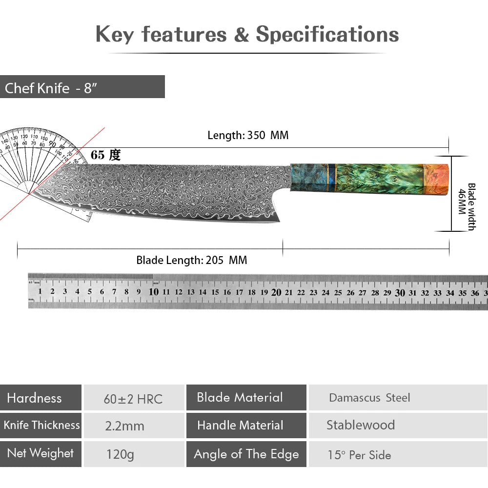 WOKNIVES™ Premium 8-Inch Damascus Chef Knife – 67-Layer VG10 Core with Unique Stabilized Colored Wood Handle