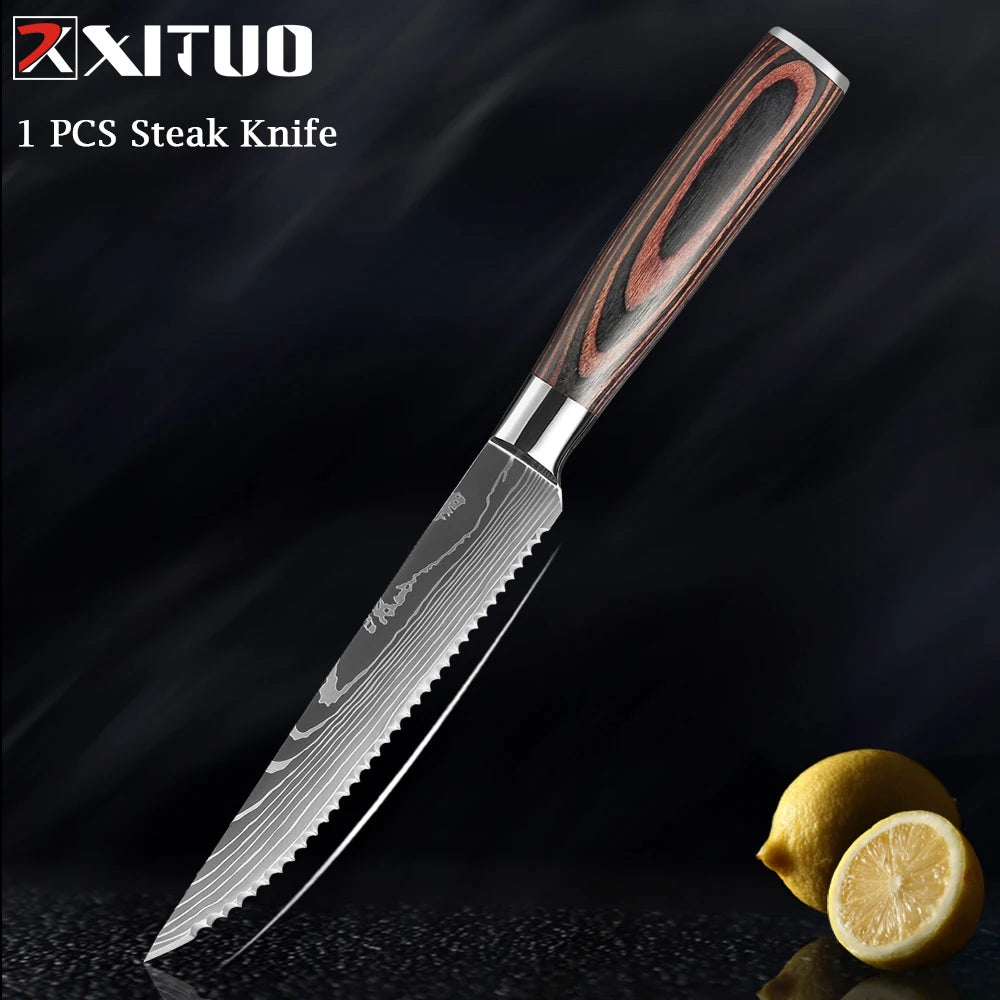 WOknives™ 1-10 Pcs Laser Damascus Kitchen Knife Set – Ultra-Sharp Japanese Chef, Santoku & Cleaver Set