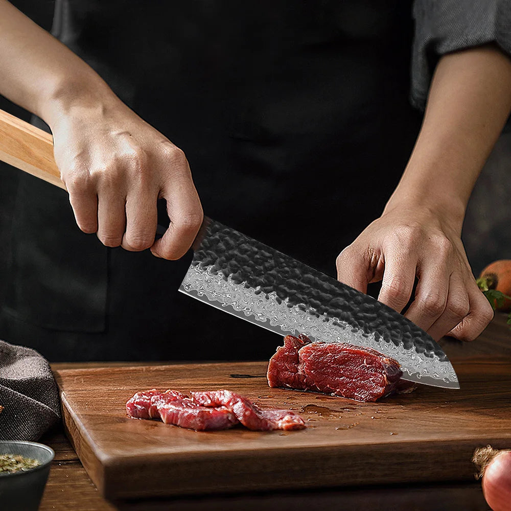 TURWHO 7" Japanese Santoku Knife Damascus Steel Hand Forged Cleaver Kitchen Chef Knife Handmade Cooking Tools Olive Wood Handle