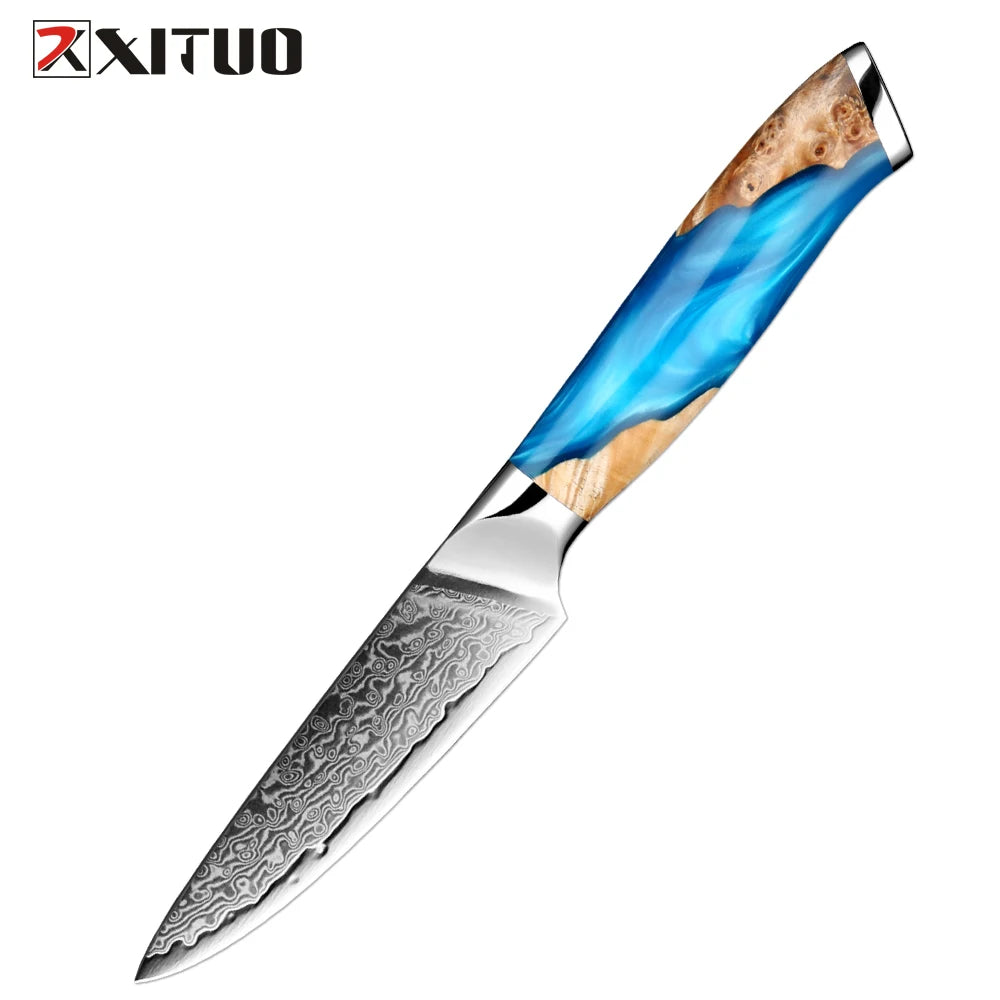 XITUO Damascus Kitchen Knife Set HighQuality 1-7PC Japanese VG10 Steel Chef Knife Cleaver Santoku Boning Fruit Knife Blue Resin