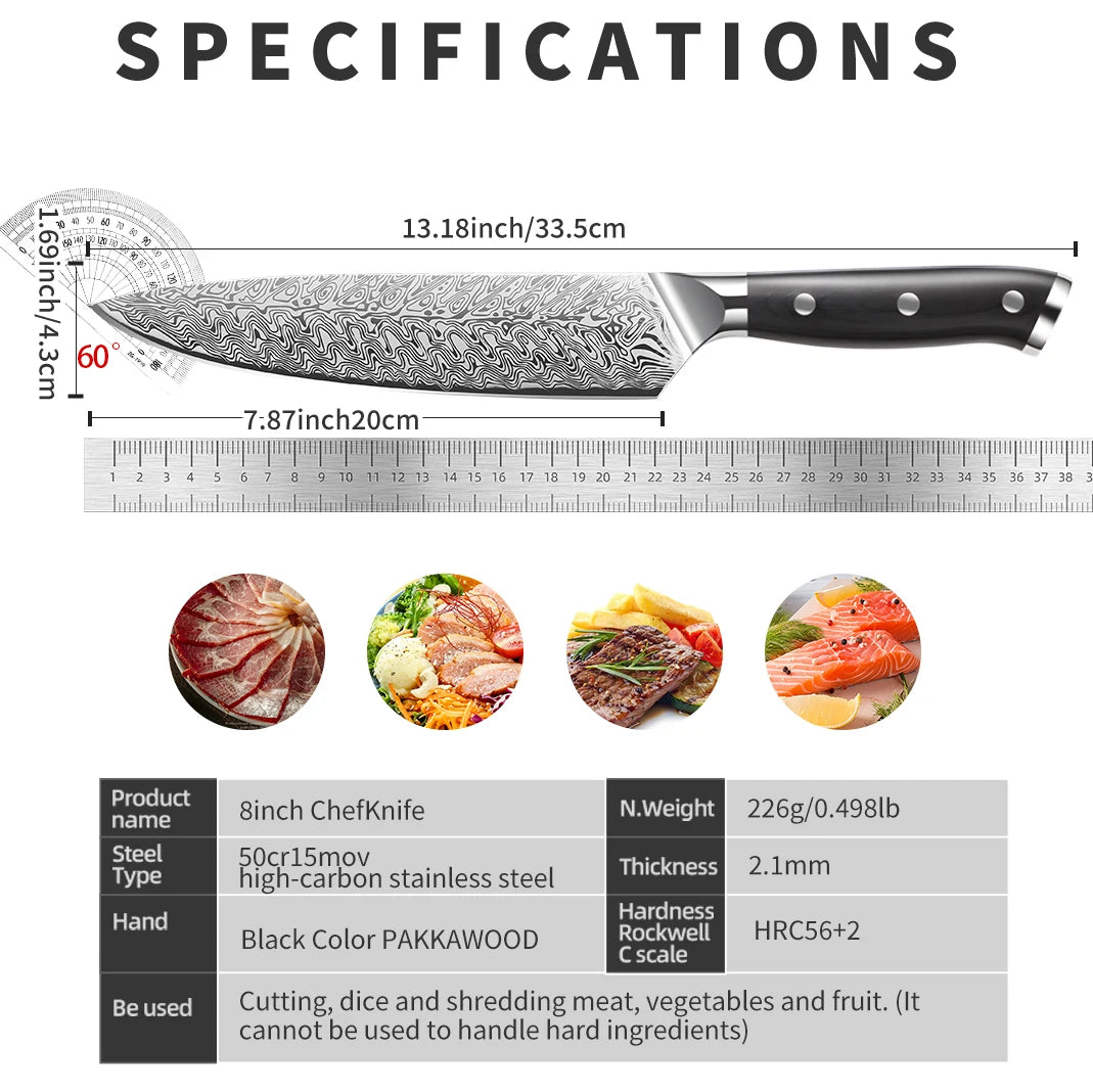 WOKNIVES™ Premium 8-Inch Textured Damascus Stainless Steel Chef Knife – High-Quality Japanese Slicing Symmetrical Blade