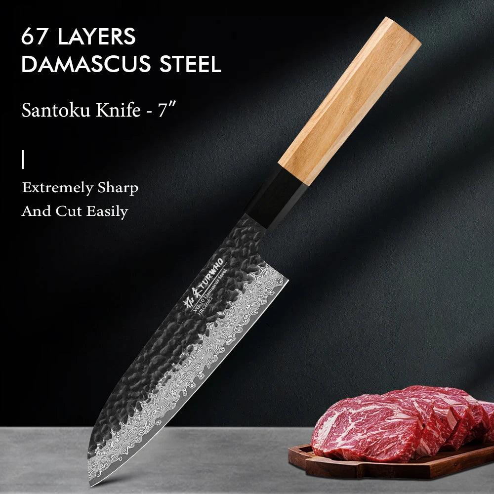 TURWHO 7" Japanese Santoku Knife Damascus Steel Hand Forged Cleaver Kitchen Chef Knife Handmade Cooking Tools Olive Wood Handle