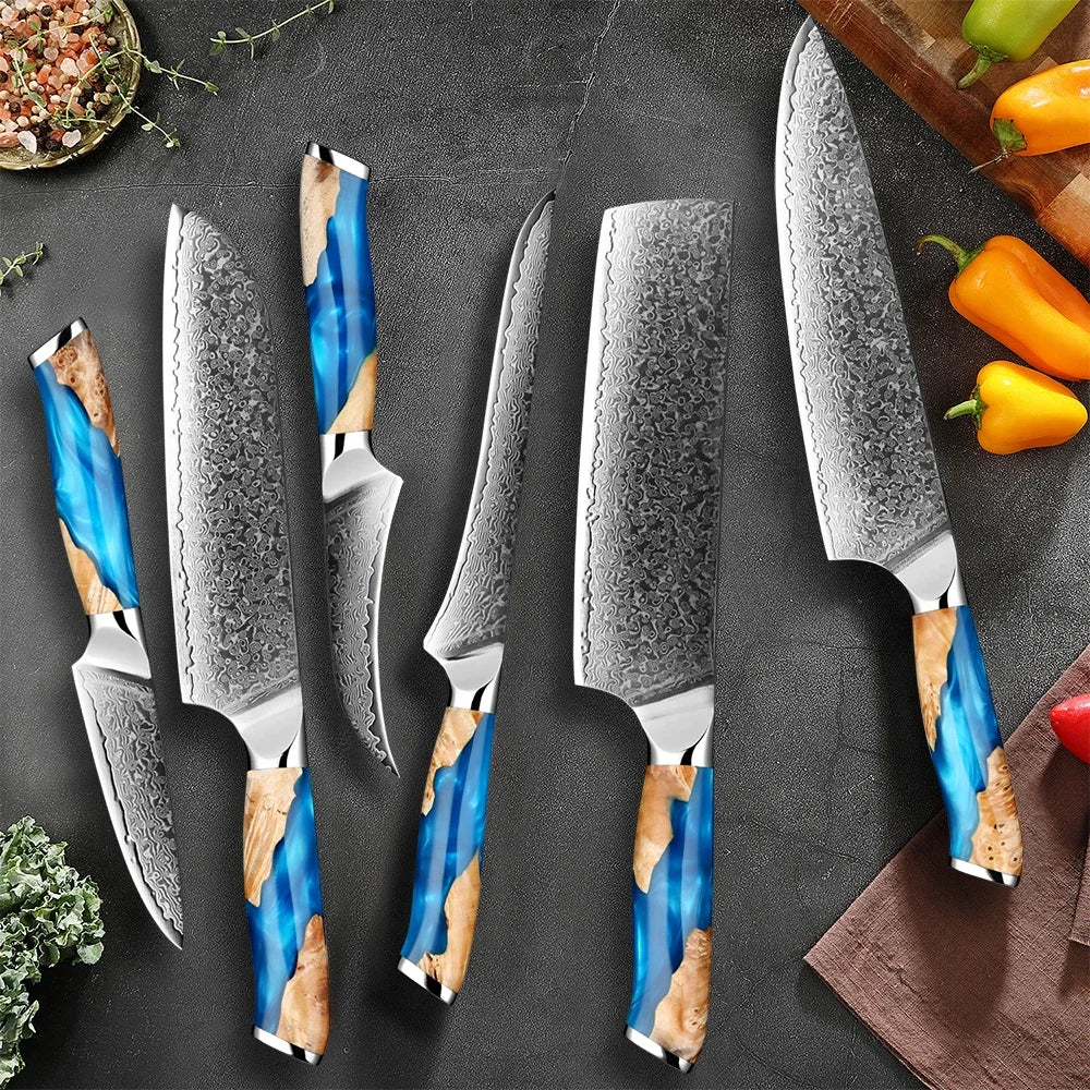 XITUO Damascus Kitchen Knife Set HighQuality 1-7PC Japanese VG10 Steel Chef Knife Cleaver Santoku Boning Fruit Knife Blue Resin