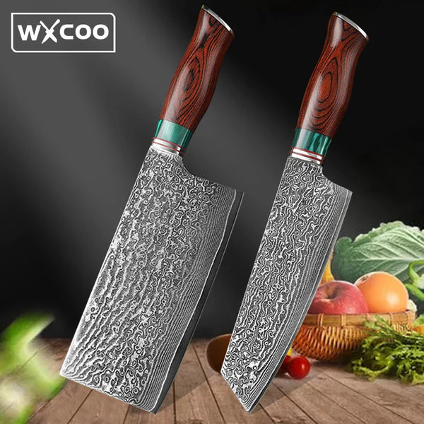 1/2pcs Kitchen Knives Set Damascus Steel Sharp Blade Chef Slicing Knife Cleaver Meat Vegetable Cutting Wood Handle BBQ Tools