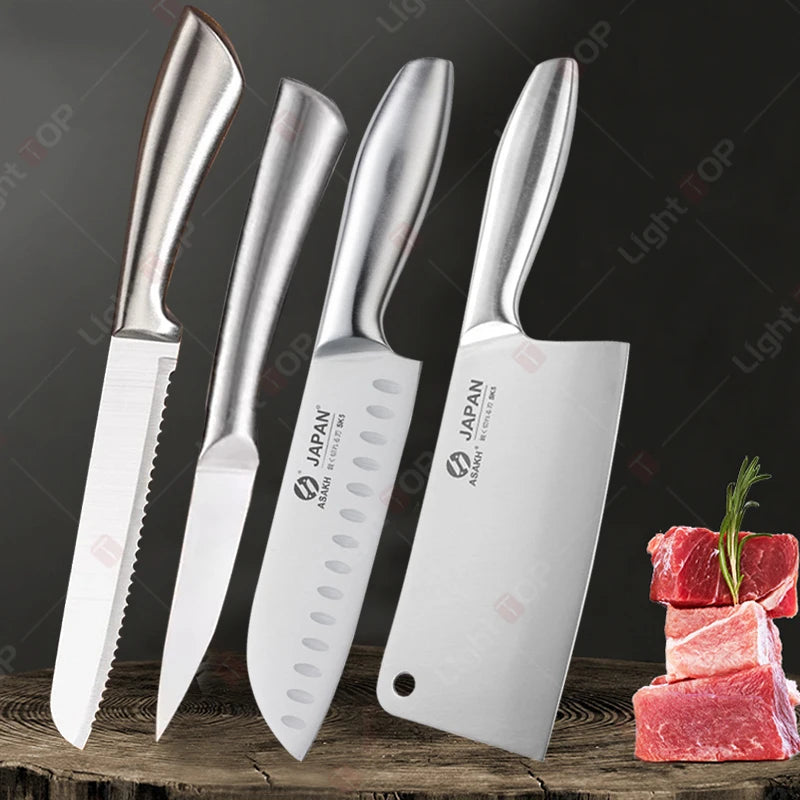 All Steel Professional Kitchen Knife Set 7inch Santoku Knife Meat Cleaver Boning Knife  Bread Cutting Kitchen Accessories