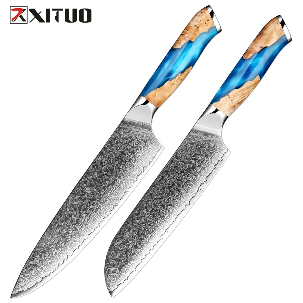 XITUO Damascus Kitchen Knife Set HighQuality 1-7PC Japanese VG10 Steel Chef Knife Cleaver Santoku Boning Fruit Knife Blue Resin