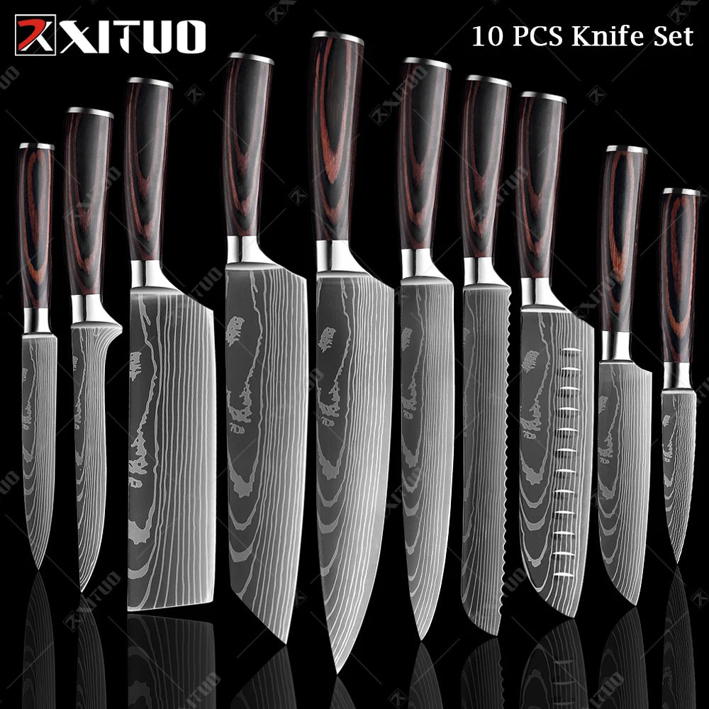 WOknives™ 1-10 Pcs Laser Damascus Kitchen Knife Set – Ultra-Sharp Japanese Chef, Santoku & Cleaver Set