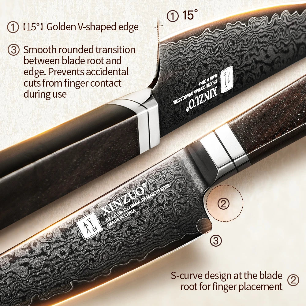 WOKNIVES™ Premium 3-Piece Damascus Steel Knife Set – 12Cr18MoV Core Utility, Santoku & Bunka Kitchen Knife Collection
