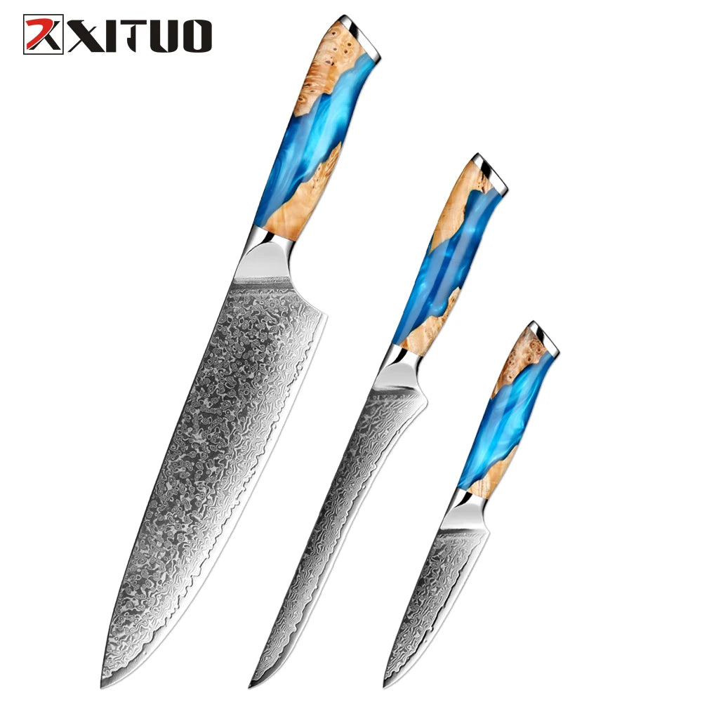 XITUO Damascus Kitchen Knife Set HighQuality 1-7PC Japanese VG10 Steel Chef Knife Cleaver Santoku Boning Fruit Knife Blue Resin
