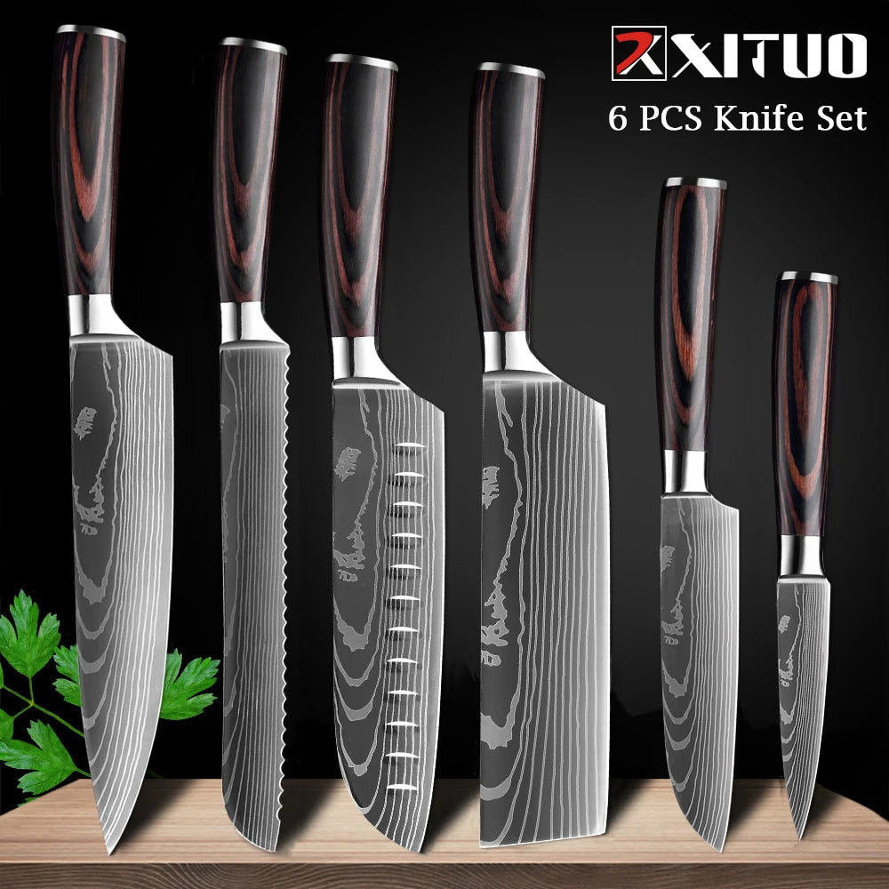 WOknives™ 1-10 Pcs Laser Damascus Kitchen Knife Set – Ultra-Sharp Japanese Chef, Santoku & Cleaver Set