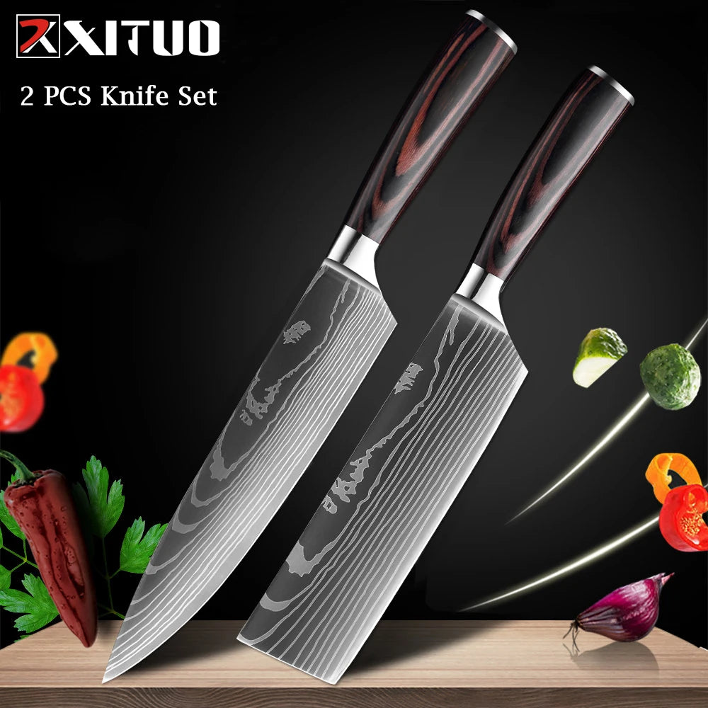 WOknives™ 1-10 Pcs Laser Damascus Kitchen Knife Set – Ultra-Sharp Japanese Chef, Santoku & Cleaver Set