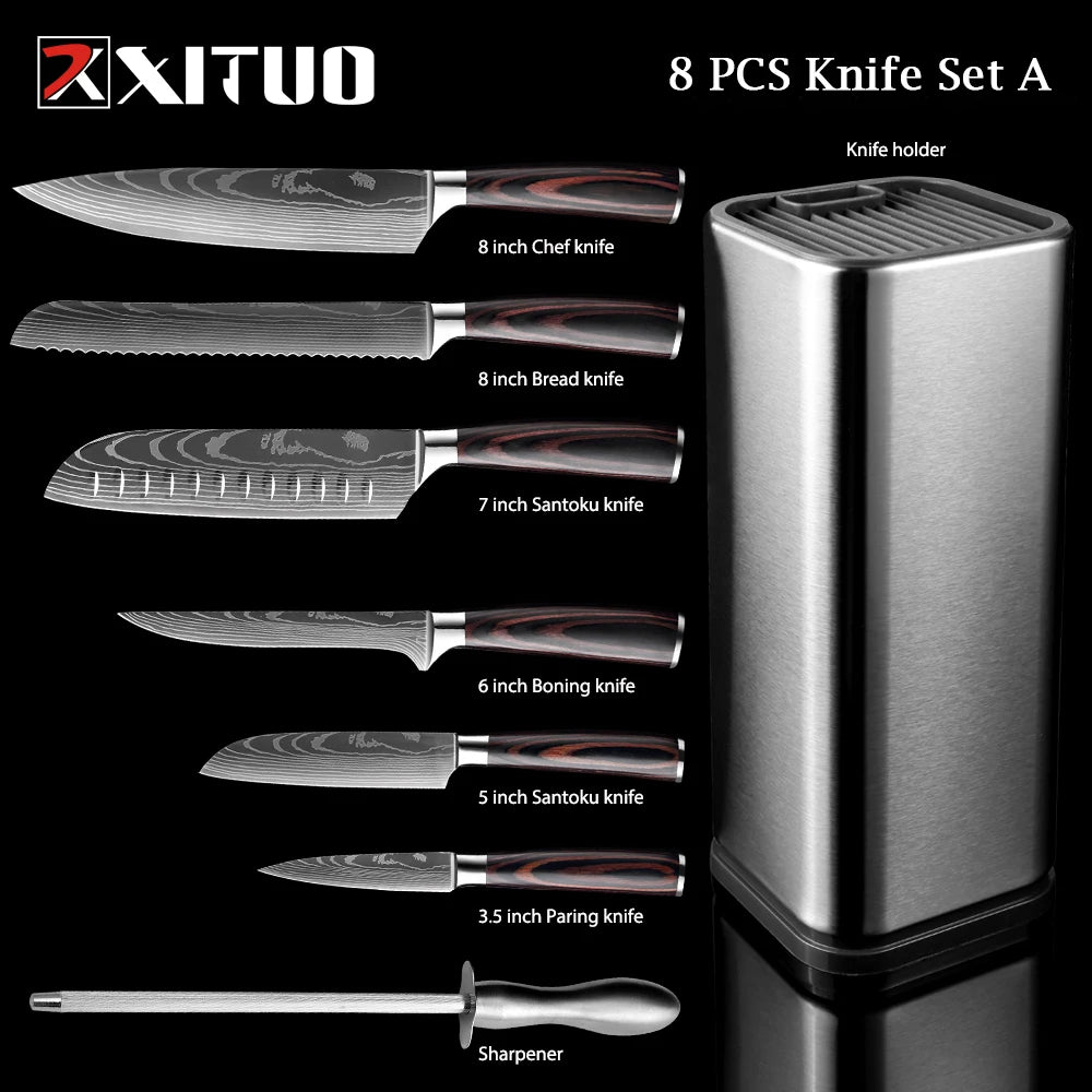 WOknives™ 1-10 Pcs Laser Damascus Kitchen Knife Set – Ultra-Sharp Japanese Chef, Santoku & Cleaver Set