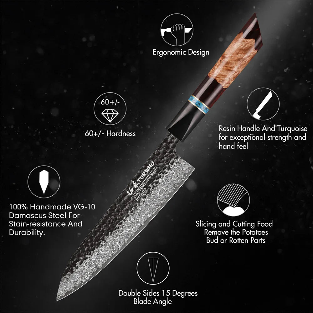 TURWHO Hand Forged Kitchen Knives Damascus Steel VG10 Chef Knife Japanese Kiritsuke Nakiri Utility Slicing Salmon Sashimi Knife