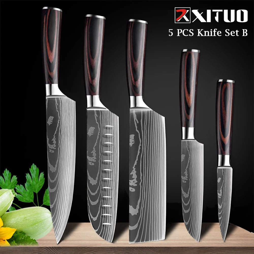 WOknives™ 1-10 Pcs Laser Damascus Kitchen Knife Set – Ultra-Sharp Japanese Chef, Santoku & Cleaver Set