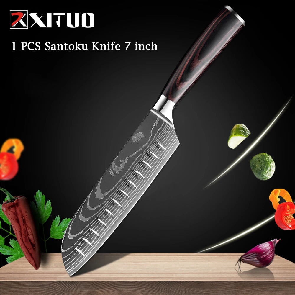 WOknives™ 1-10 Pcs Laser Damascus Kitchen Knife Set – Ultra-Sharp Japanese Chef, Santoku & Cleaver Set
