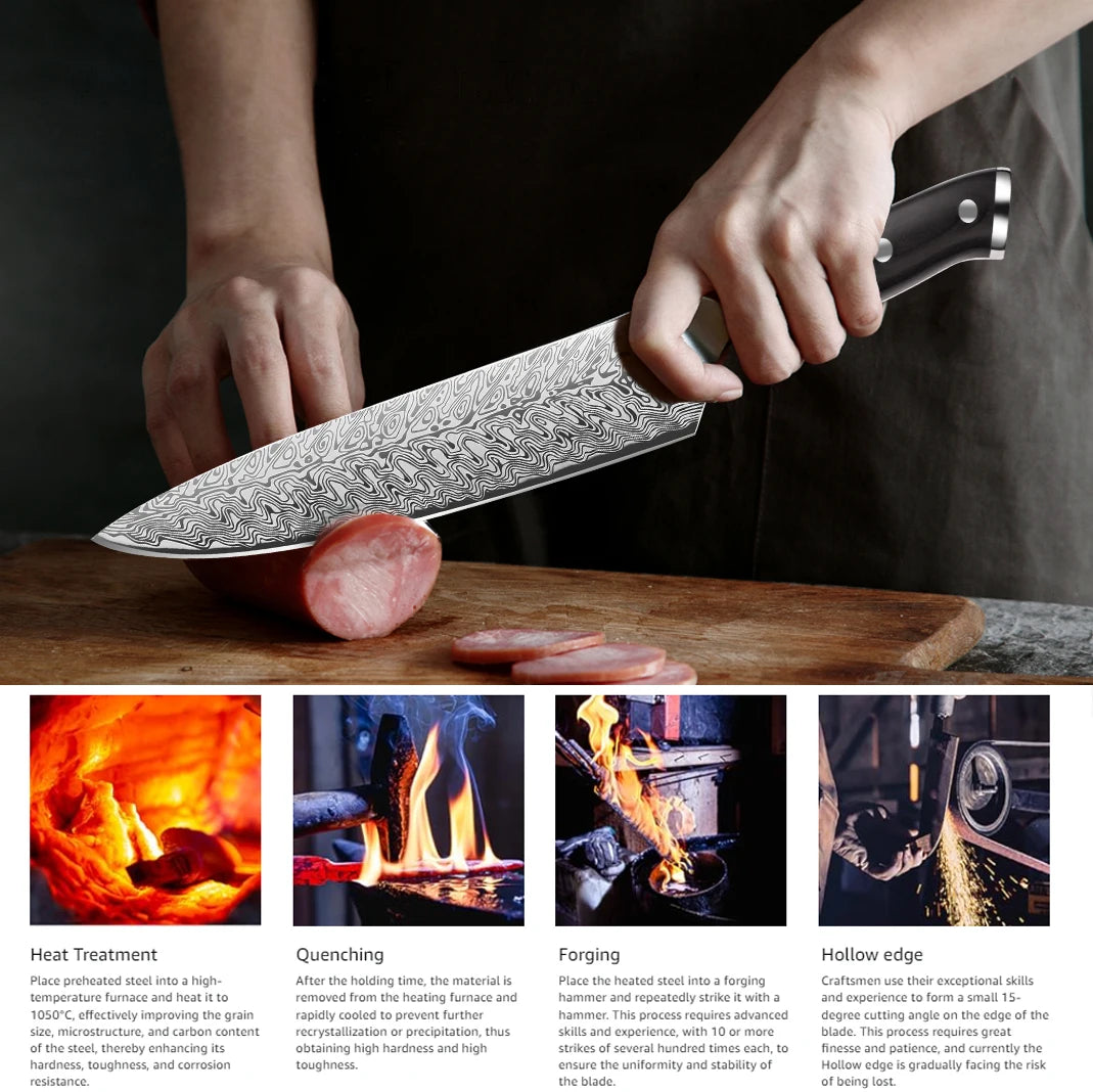 WOKNIVES™ Premium 8-Inch Textured Damascus Stainless Steel Chef Knife – High-Quality Japanese Slicing Symmetrical Blade