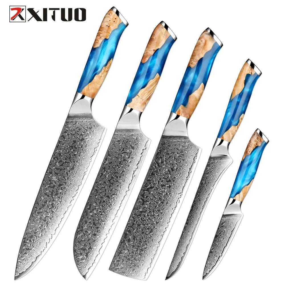XITUO Damascus Kitchen Knife Set HighQuality 1-7PC Japanese VG10 Steel Chef Knife Cleaver Santoku Boning Fruit Knife Blue Resin