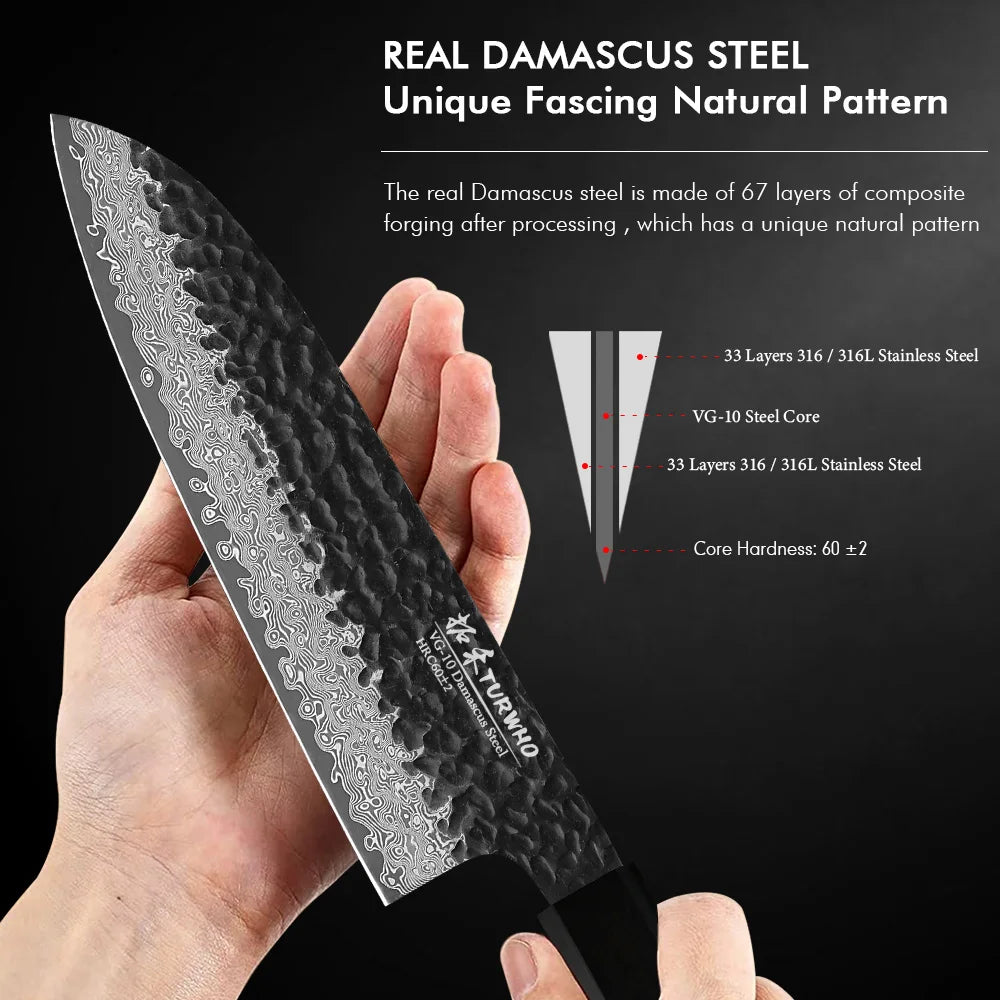 TURWHO 7" Japanese Santoku Knife Damascus Steel Hand Forged Cleaver Kitchen Chef Knife Handmade Cooking Tools Olive Wood Handle