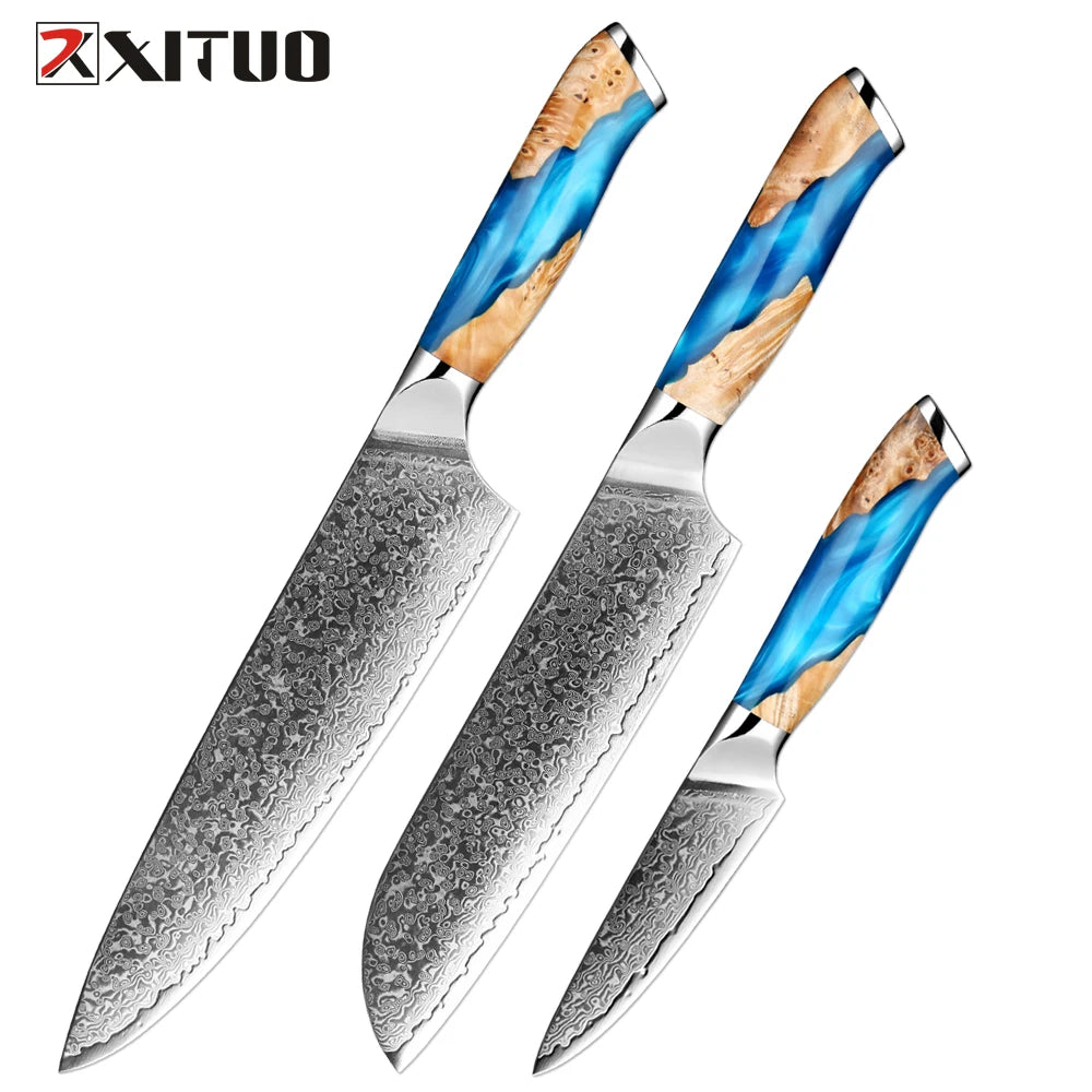 XITUO Damascus Kitchen Knife Set HighQuality 1-7PC Japanese VG10 Steel Chef Knife Cleaver Santoku Boning Fruit Knife Blue Resin