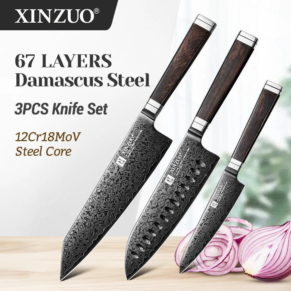 WOKNIVES™ Premium 3-Piece Damascus Steel Knife Set – 12Cr18MoV Core Utility, Santoku & Bunka Kitchen Knife Collection