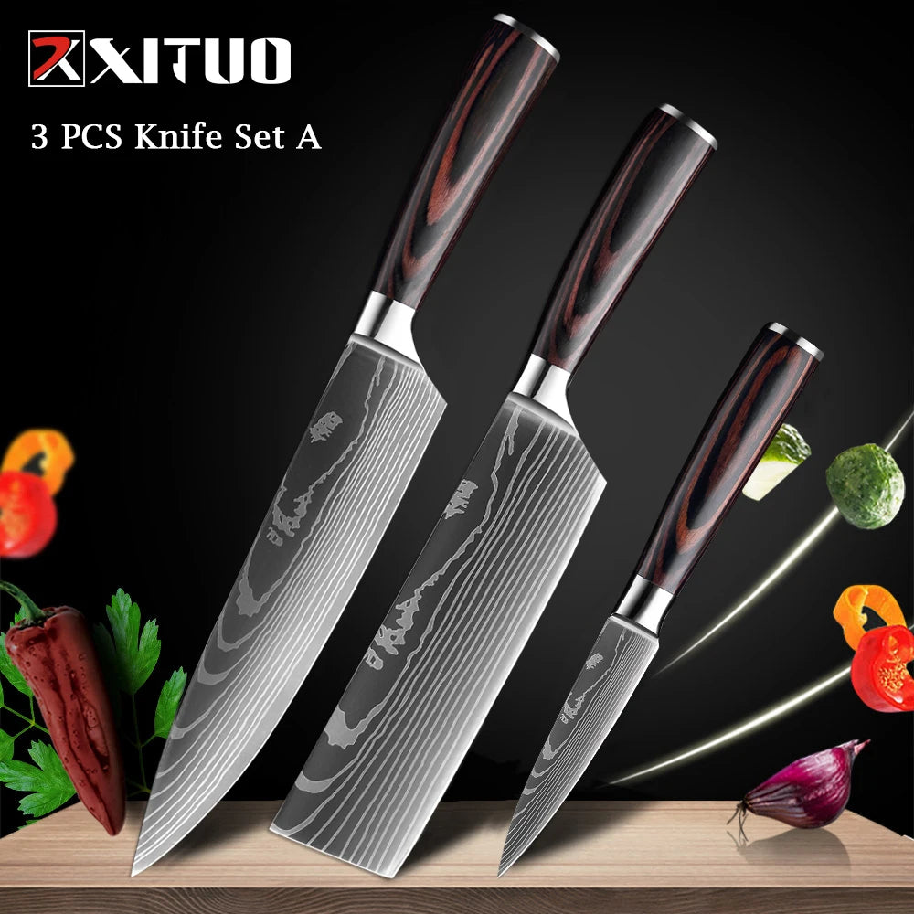 WOknives™ 1-10 Pcs Laser Damascus Kitchen Knife Set – Ultra-Sharp Japanese Chef, Santoku & Cleaver Set