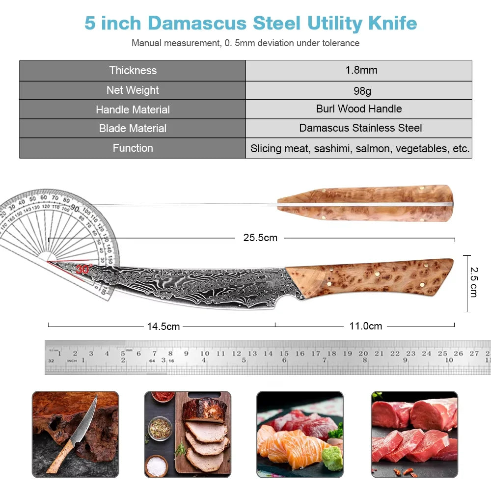 WOKNIVES™ Premium 5.5-Inch Japanese Damascus Steel Utility Knife – Full Tang Pakkawood Handle Curved Peeling Blade