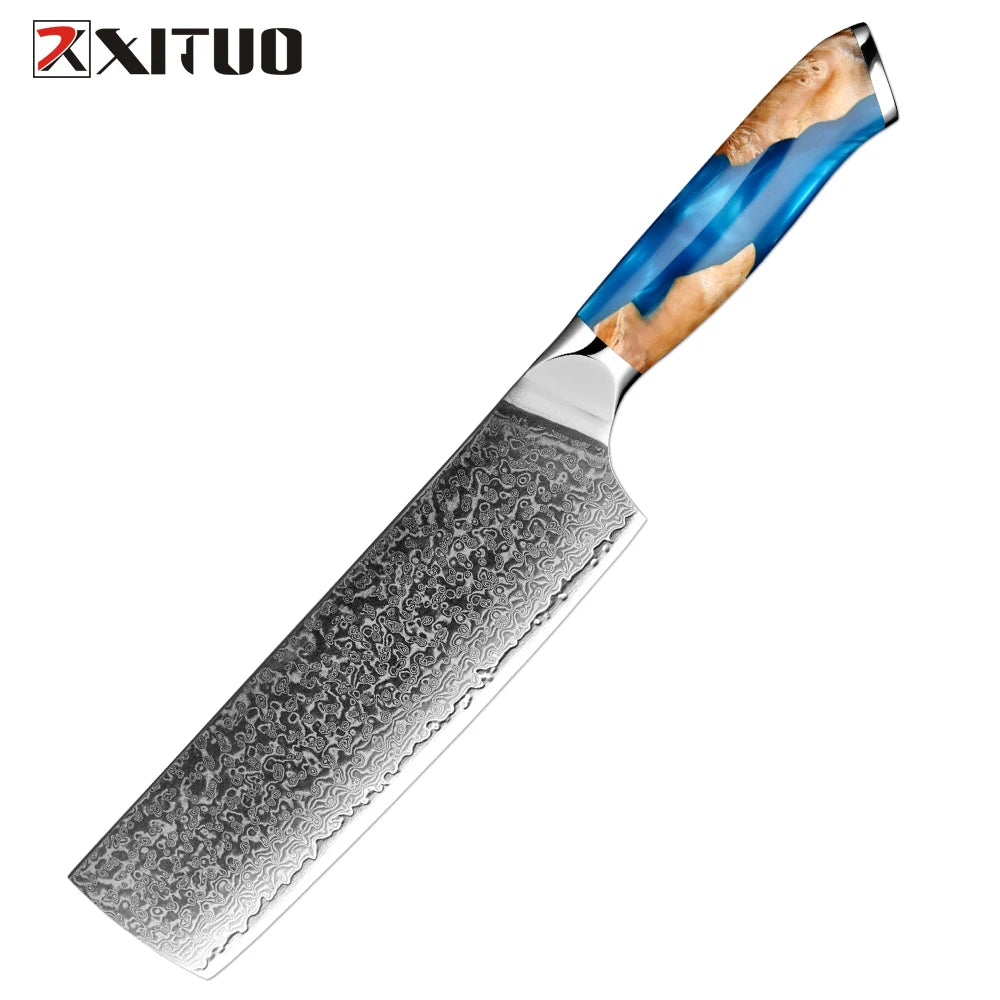 XITUO Damascus Kitchen Knife Set HighQuality 1-7PC Japanese VG10 Steel Chef Knife Cleaver Santoku Boning Fruit Knife Blue Resin