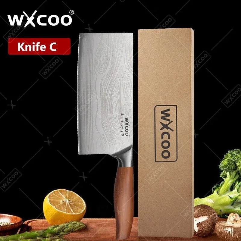 Woknives™ Stainless Steel Chef Knife Set with Laser Damascus Pattern & Knife Holder