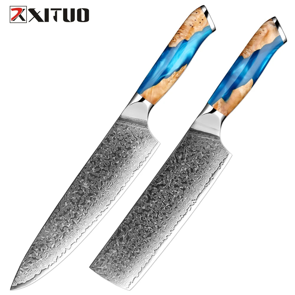 XITUO Damascus Kitchen Knife Set HighQuality 1-7PC Japanese VG10 Steel Chef Knife Cleaver Santoku Boning Fruit Knife Blue Resin
