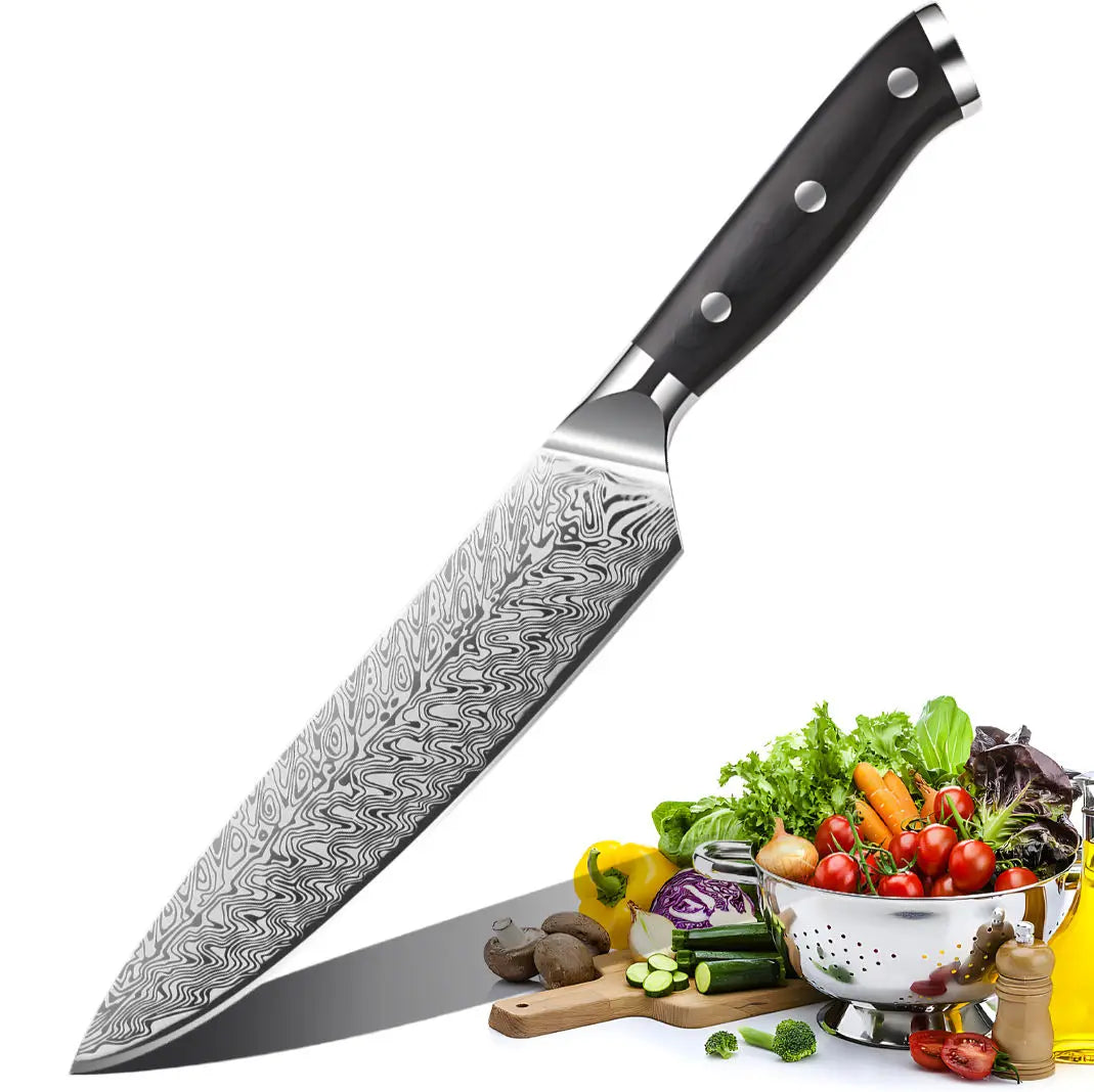 WOKNIVES™ Premium 8-Inch Textured Damascus Stainless Steel Chef Knife – High-Quality Japanese Slicing Symmetrical Blade