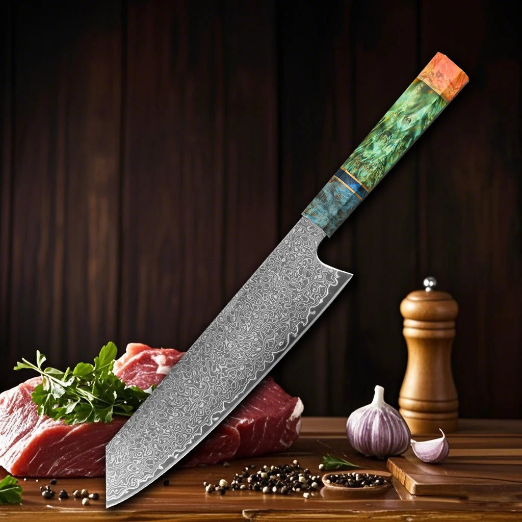 WOKNIVES™ Premium 8-Inch Damascus Chef Knife – 67-Layer VG10 Core with Unique Stabilized Colored Wood Handle