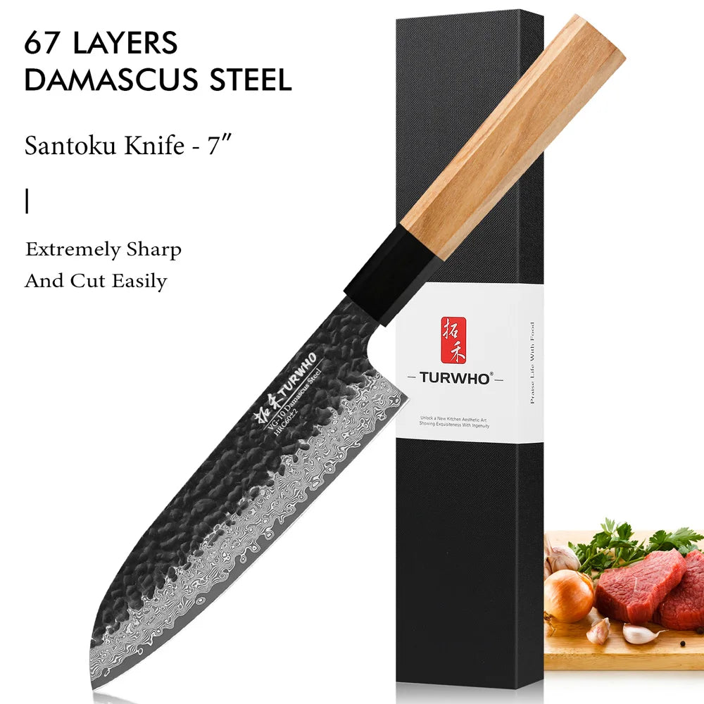 TURWHO 7" Japanese Santoku Knife Damascus Steel Hand Forged Cleaver Kitchen Chef Knife Handmade Cooking Tools Olive Wood Handle