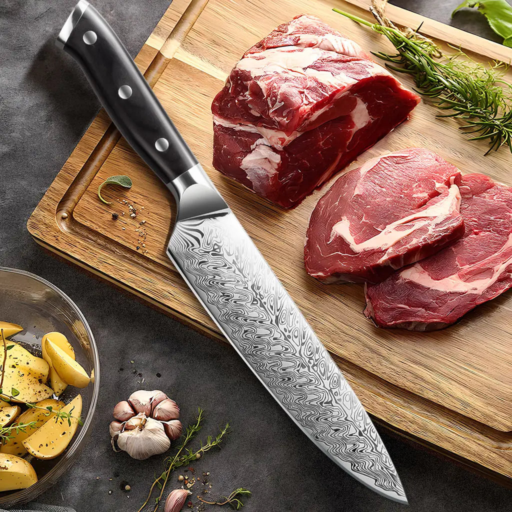 WOKNIVES™ Premium 8-Inch Textured Damascus Stainless Steel Chef Knife – High-Quality Japanese Slicing Symmetrical Blade