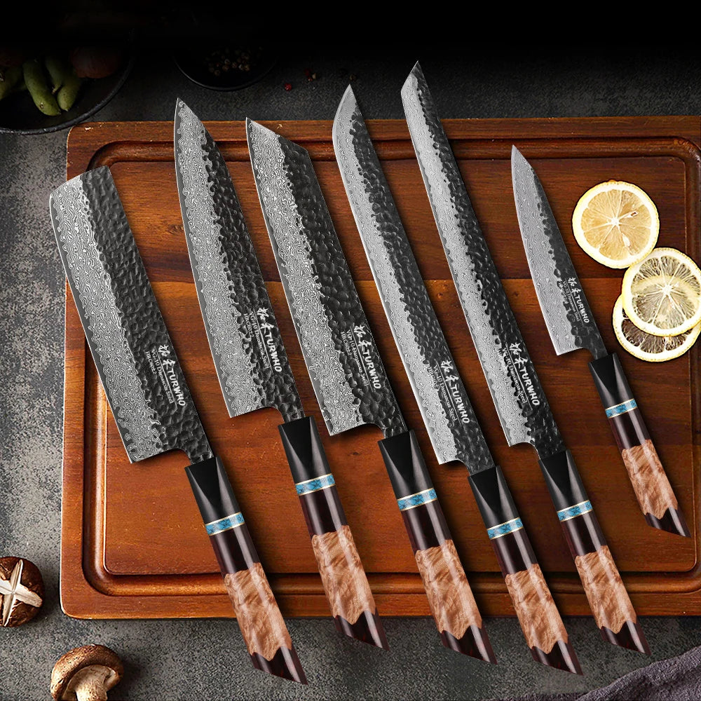 TURWHO Hand Forged Kitchen Knives Damascus Steel VG10 Chef Knife Japanese Kiritsuke Nakiri Utility Slicing Salmon Sashimi Knife